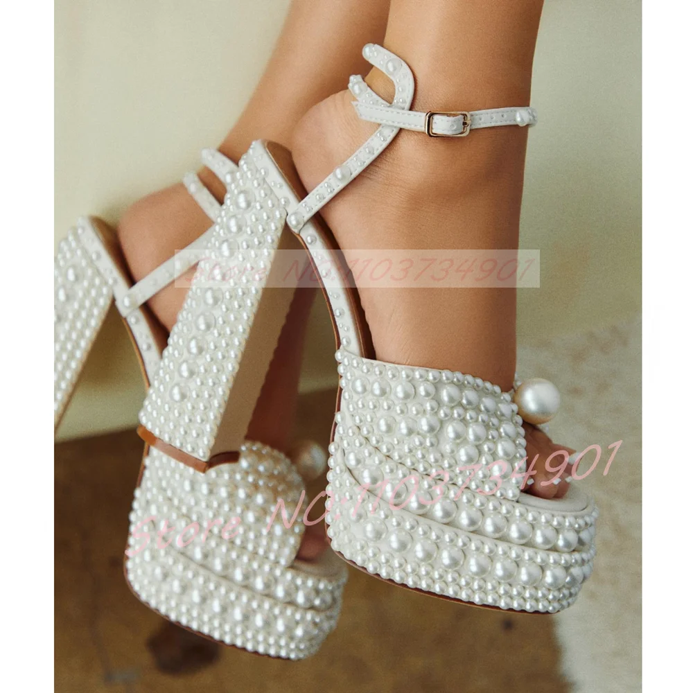 Ankle Strap Heels - Women's White Pearl Platform Sandals Ankle