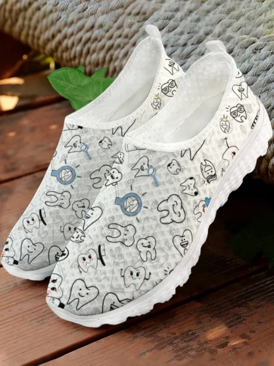 White Cartoon Teeth Print Mesh - Women Shoes Tennis ulasan dan harga
