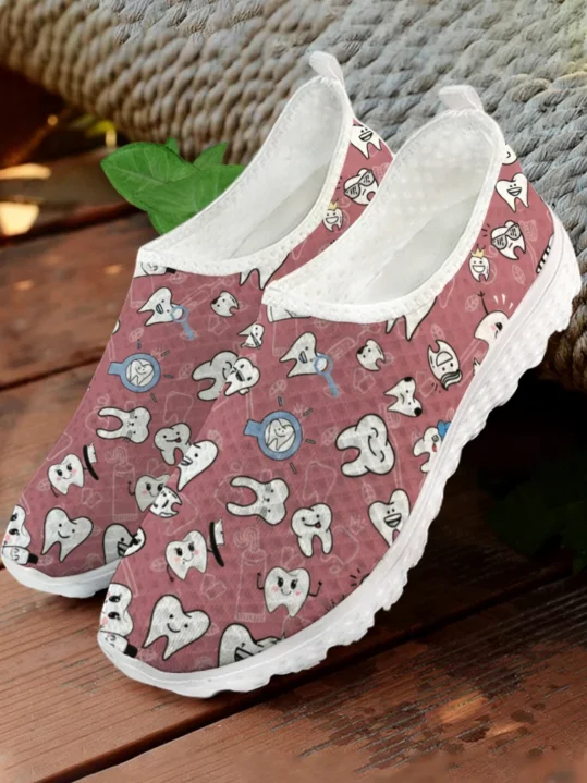 White Cartoon Teeth Print Mesh - Women Shoes Tennis ulasan dan harga