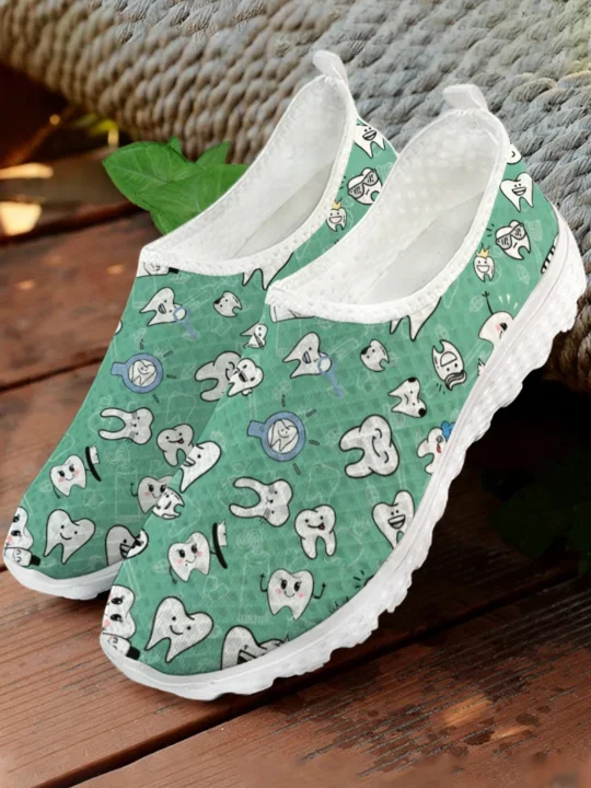 White Cartoon Teeth Print Mesh - Women Shoes Tennis ulasan dan harga