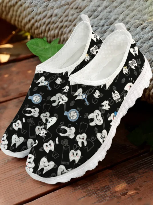 White Cartoon Teeth Print Mesh - Women Shoes Tennis ulasan dan harga